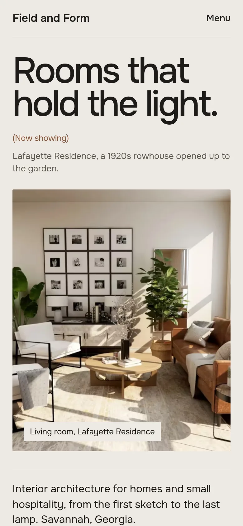 Field and Form, a interior architecture concept website, shown on a phone.