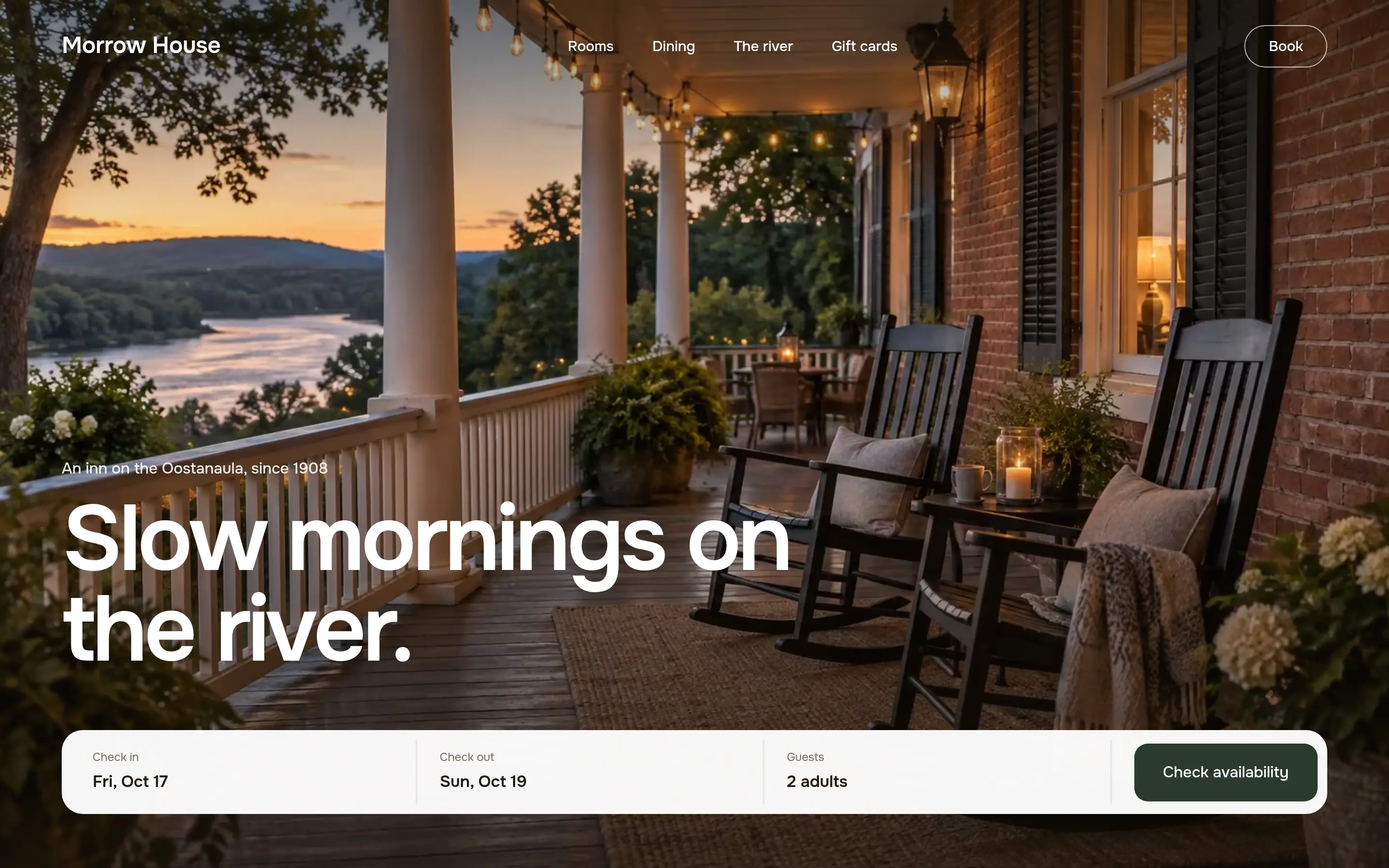 Morrow House inn website: a porch at dusk above the river with a booking bar for dates and guests.