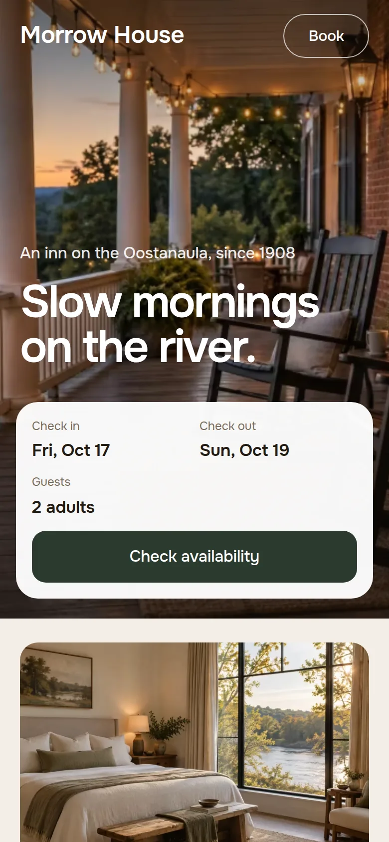 Morrow House, a riverside inn concept website, shown on a phone.