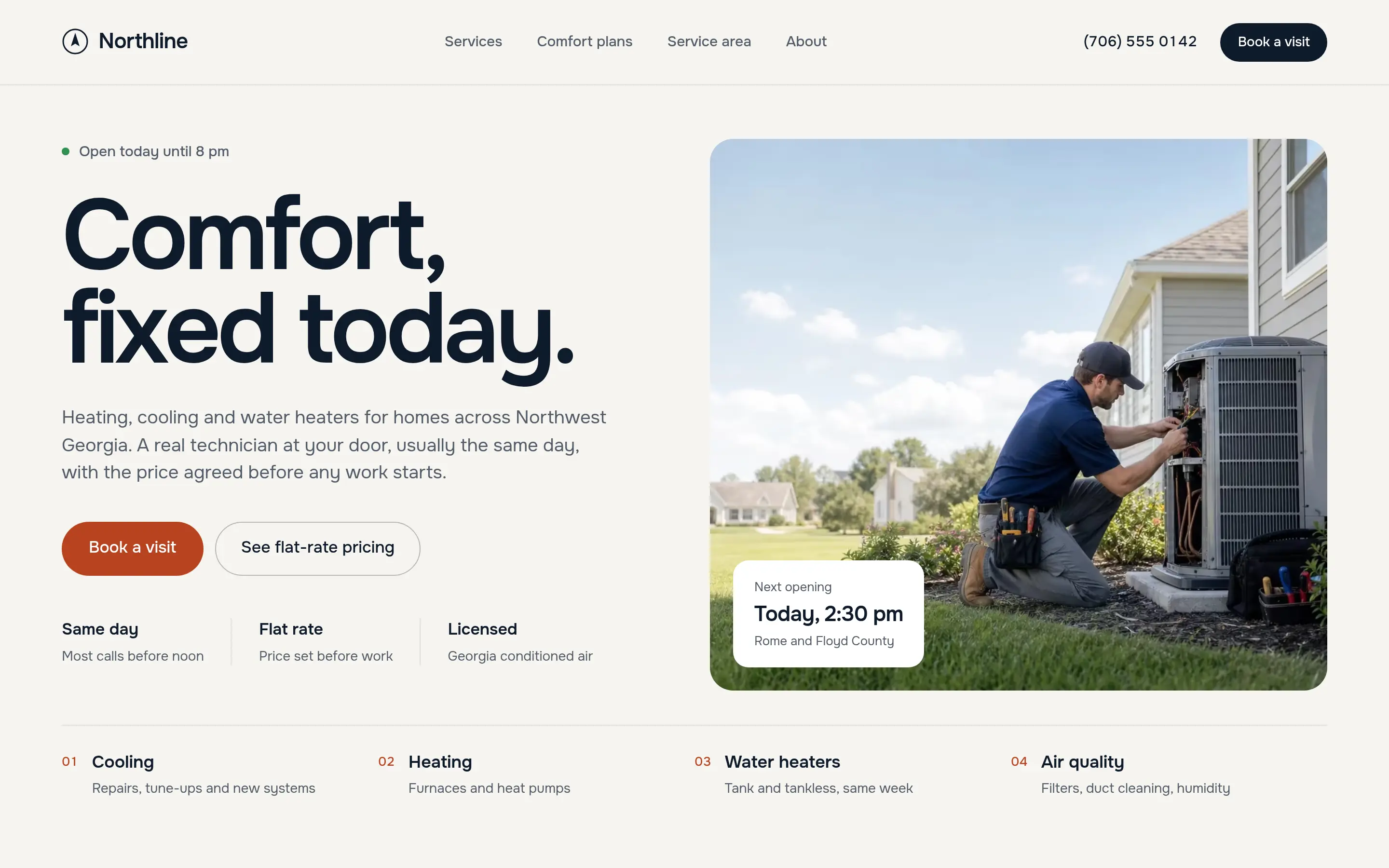 Northline home services website: a technician at an AC unit, the next open slot and a book a visit button.