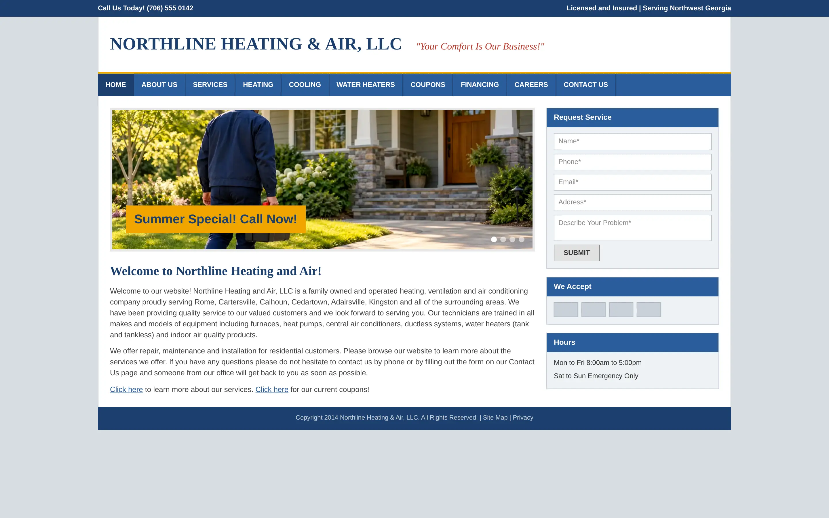 A dated heating and air website: a crowded blue menu, a slideshow and a wall of small gray text.