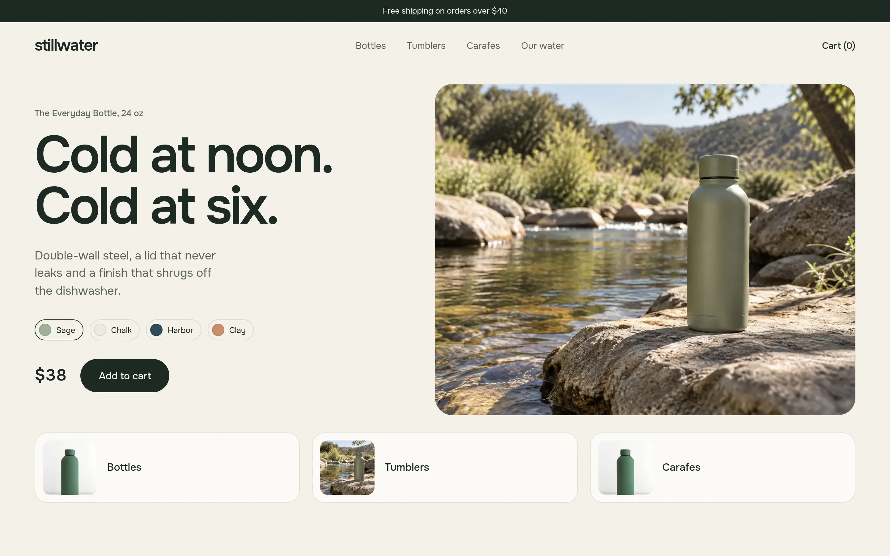 Stillwater store page: a sage bottle by a stream, color swatches, a price and an add to cart button.