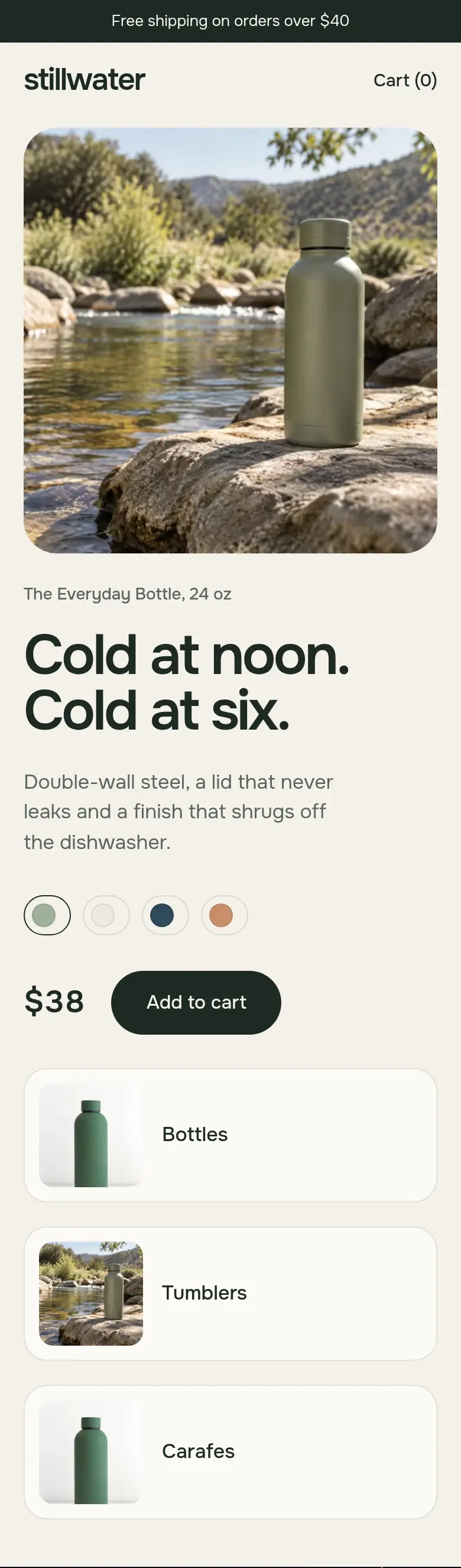 The Stillwater store page on a phone: a sage bottle by a stream, color choices, a price and an add to cart button.
