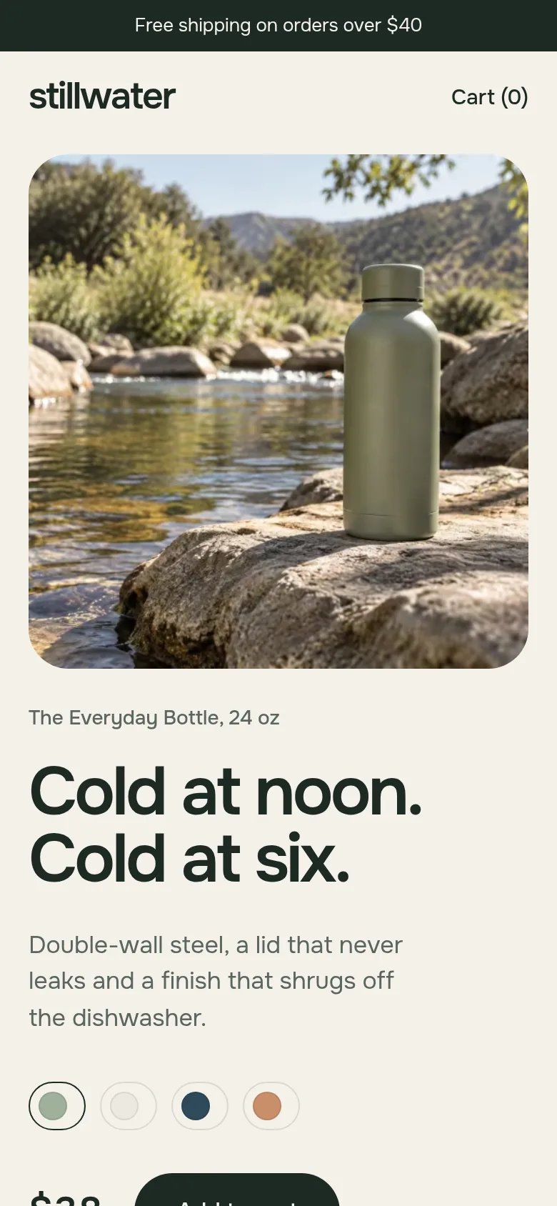 Stillwater, a drinkware store concept website, shown on a phone.