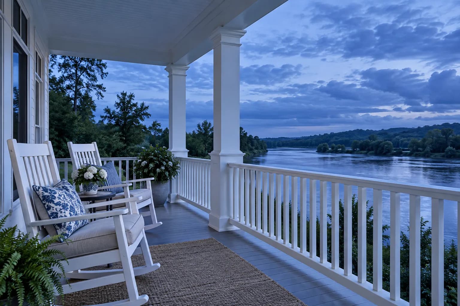 A porch above a river at dusk, the photograph behind the Morrow House concept website.