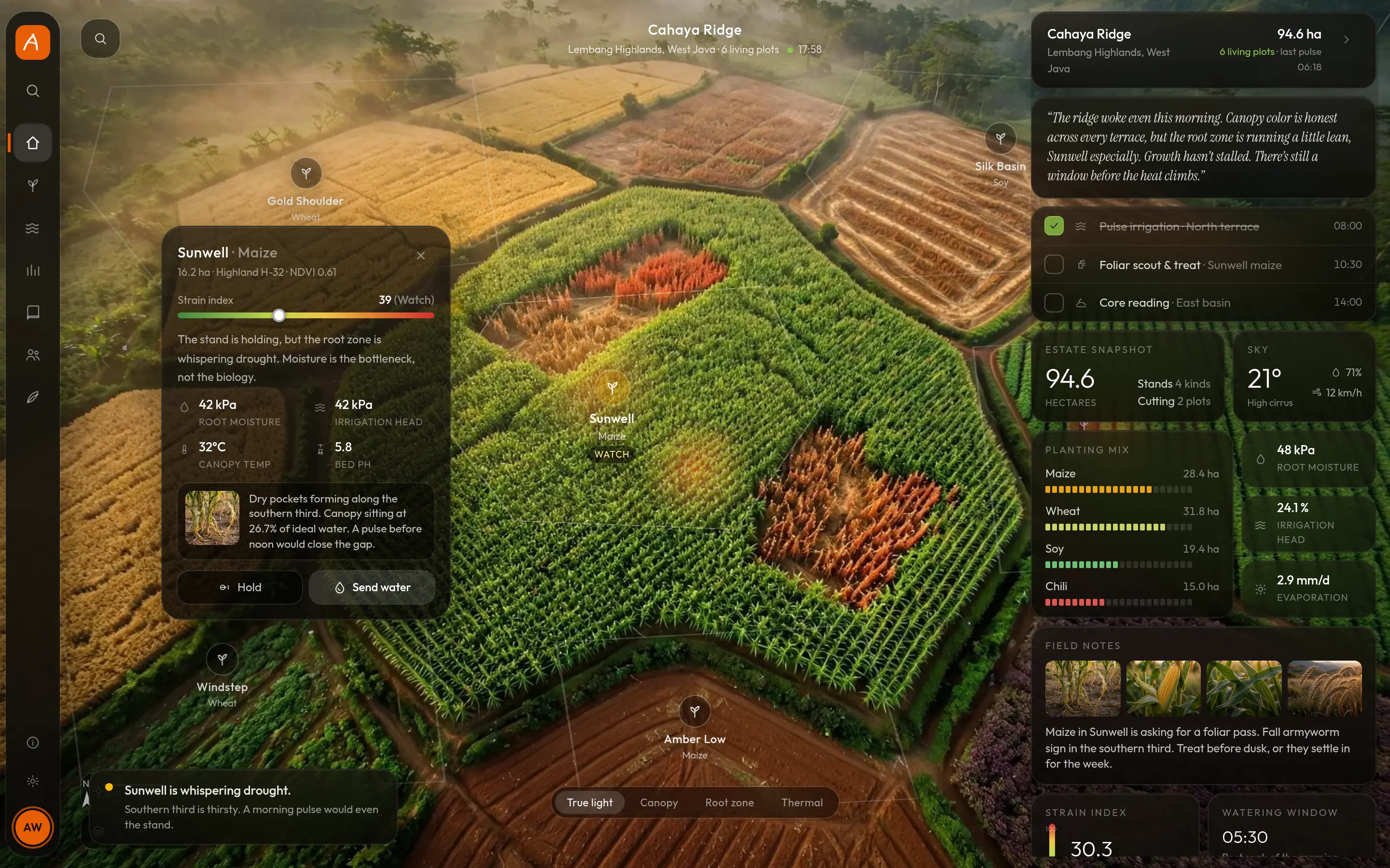 AgroLanding: an aerial map of terraced maize, wheat and soy fields with the Sunwell field card open on the left and a morning briefing column on the right.