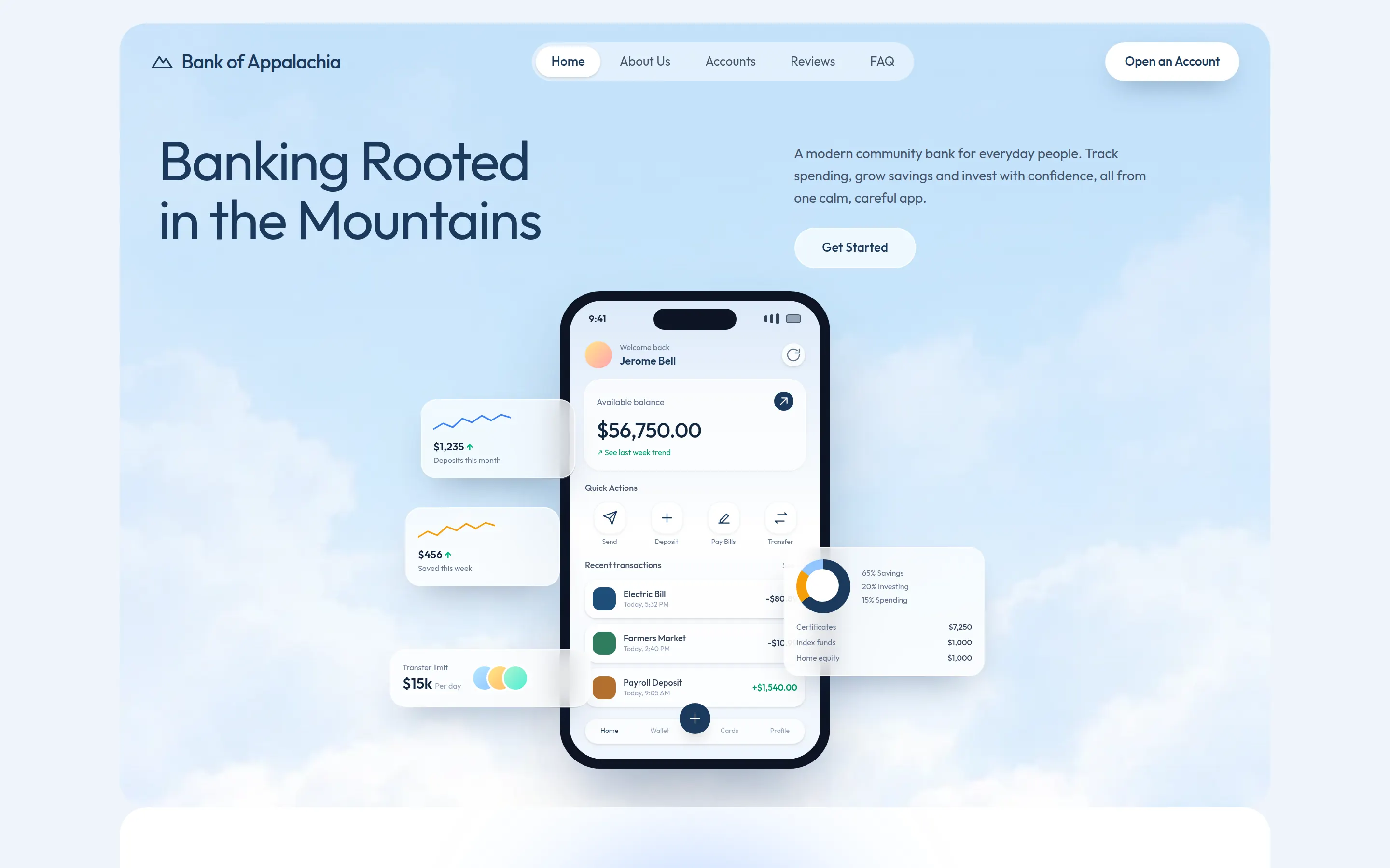 Bank of Appalachia: the headline "Banking Rooted in the Mountains" over a pale sky, with a phone showing a placeholder balance and small cards for deposits, savings and a savings mix.