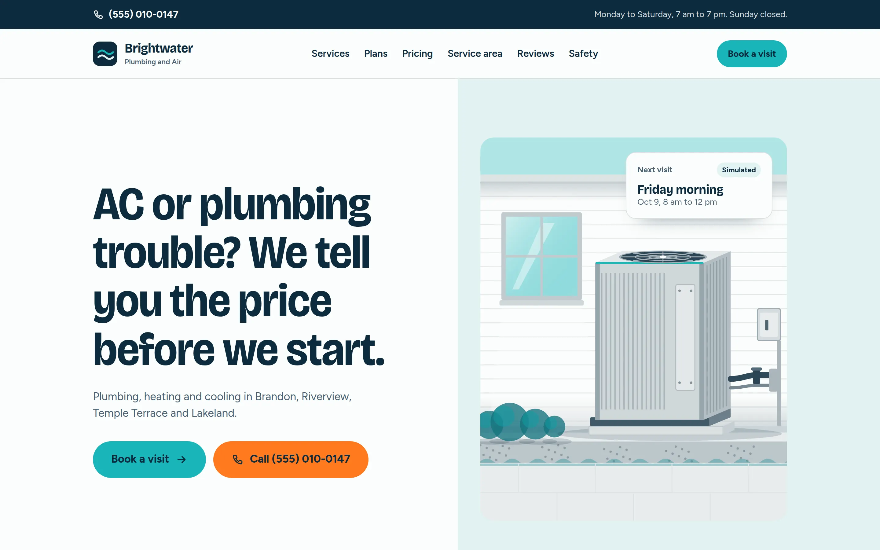 Brightwater Plumbing and Air on a laptop: the headline "AC or plumbing trouble? We tell you the price before we start." beside a drawn outdoor AC unit and a simulated next visit card.