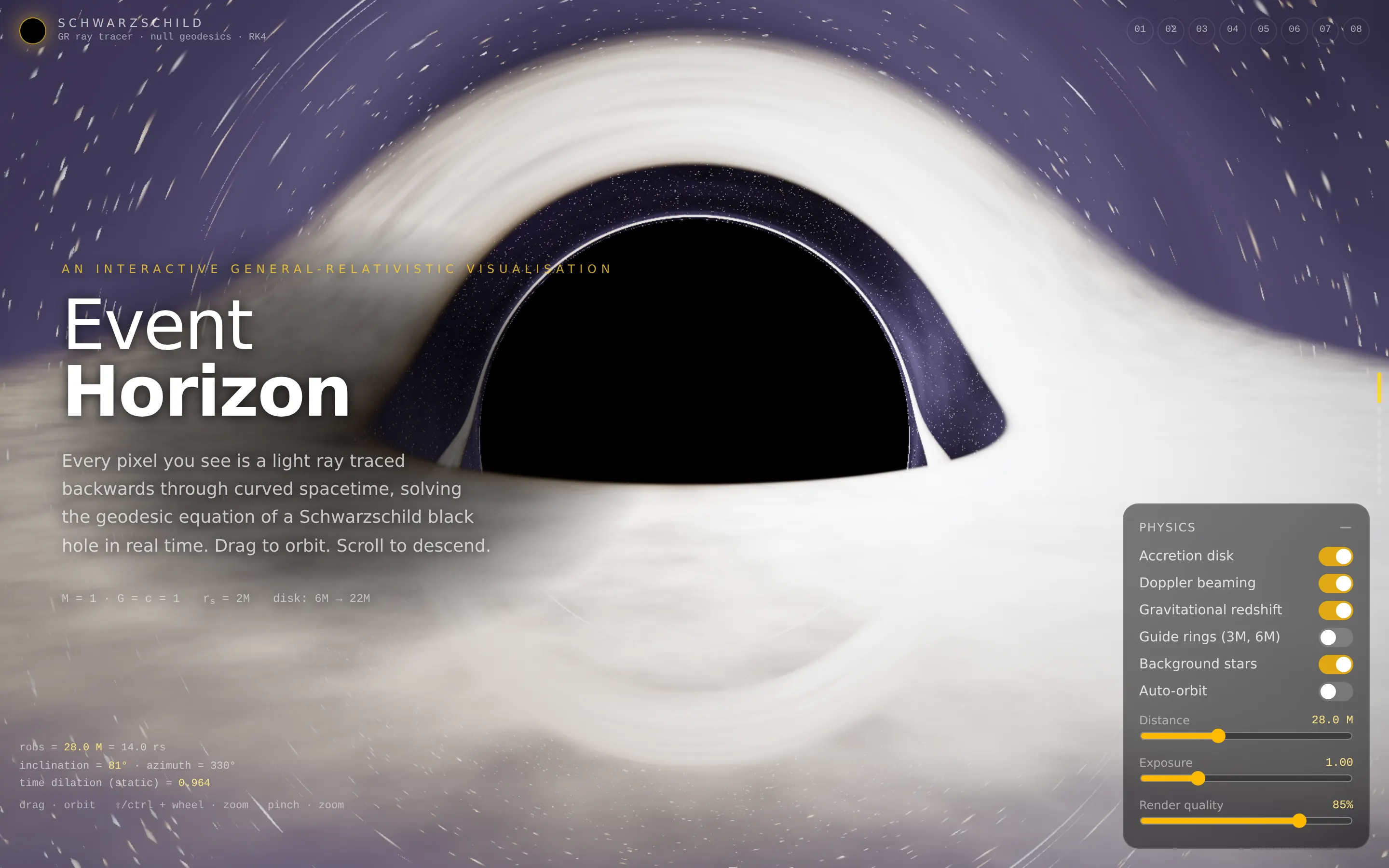 Event Horizon: a black hole's shadow ringed by a bright, lensed accretion disk, the title on the left and a physics control panel on the right.