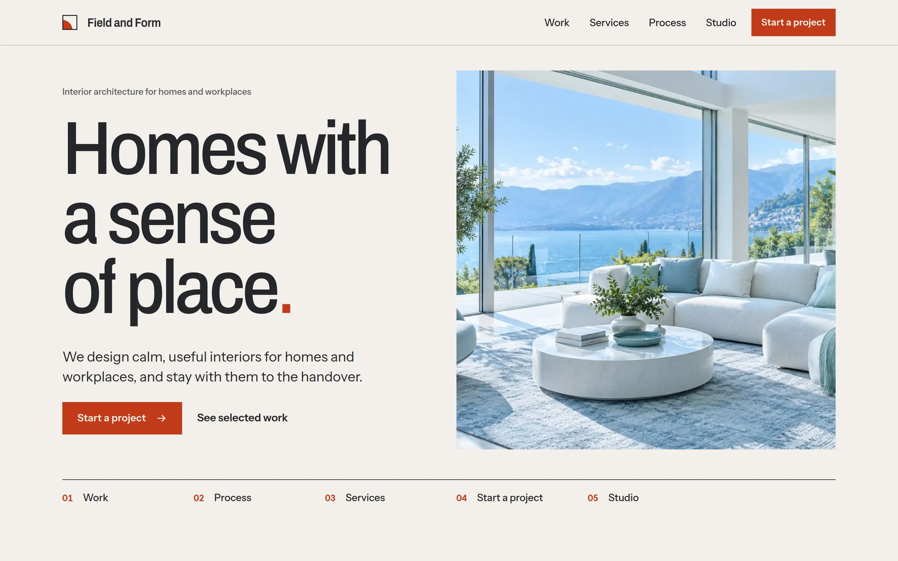 Field and Form: the headline "Homes with a sense of place." beside a living room photo and a Start a project button.