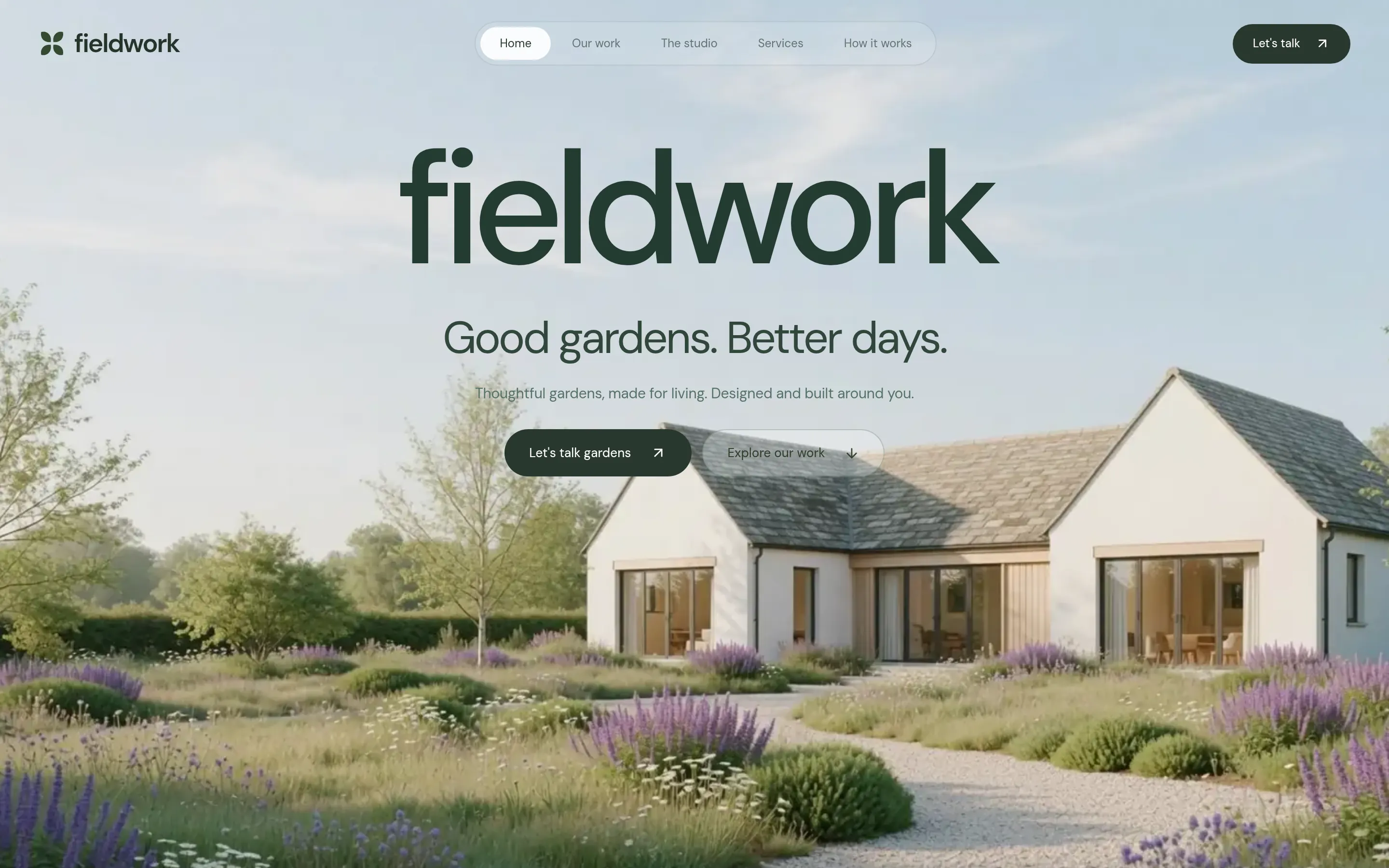 Fieldwork garden studio website: a light-filled country home in a meadow garden under a large wordmark, with a book a call button.