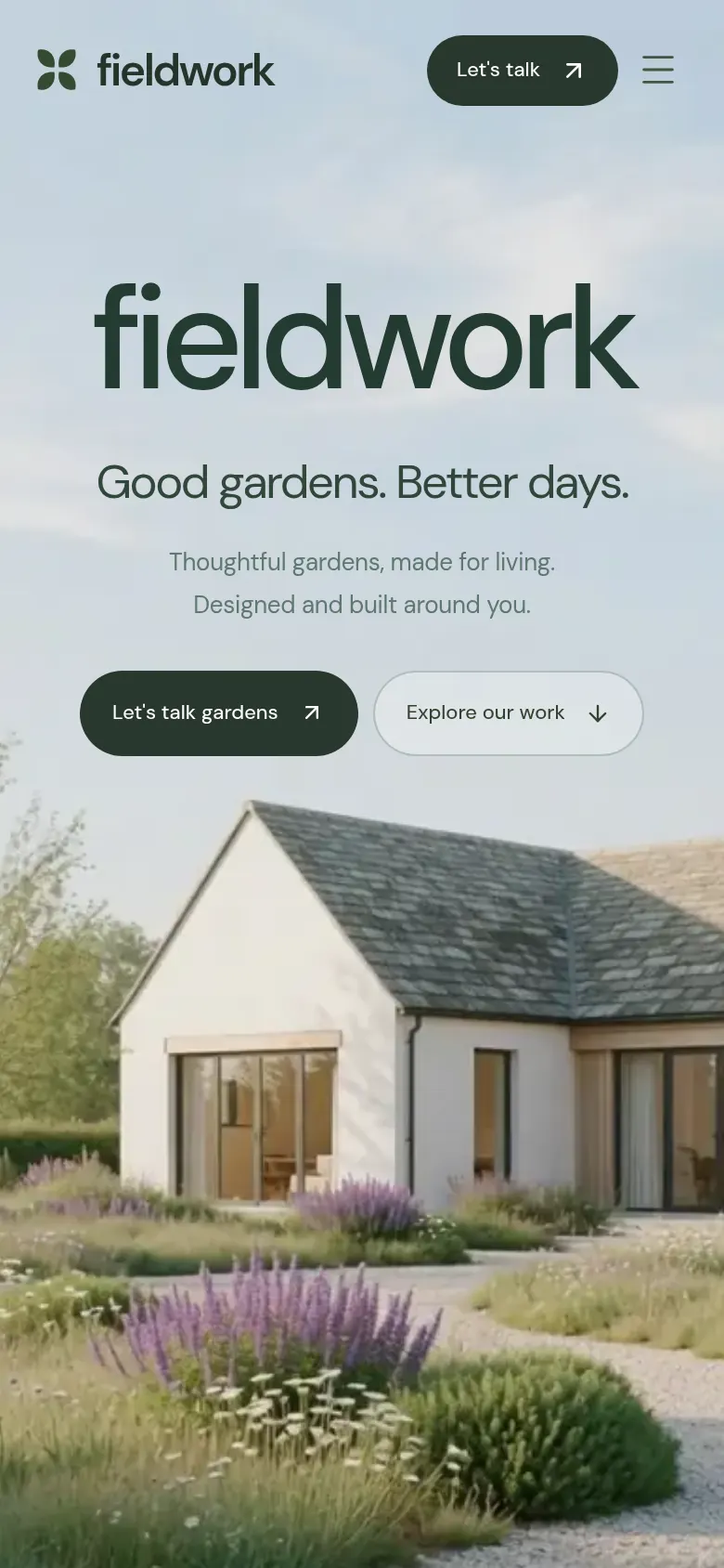 Fieldwork on a phone: the wordmark and tagline over a meadow garden, with a call button.