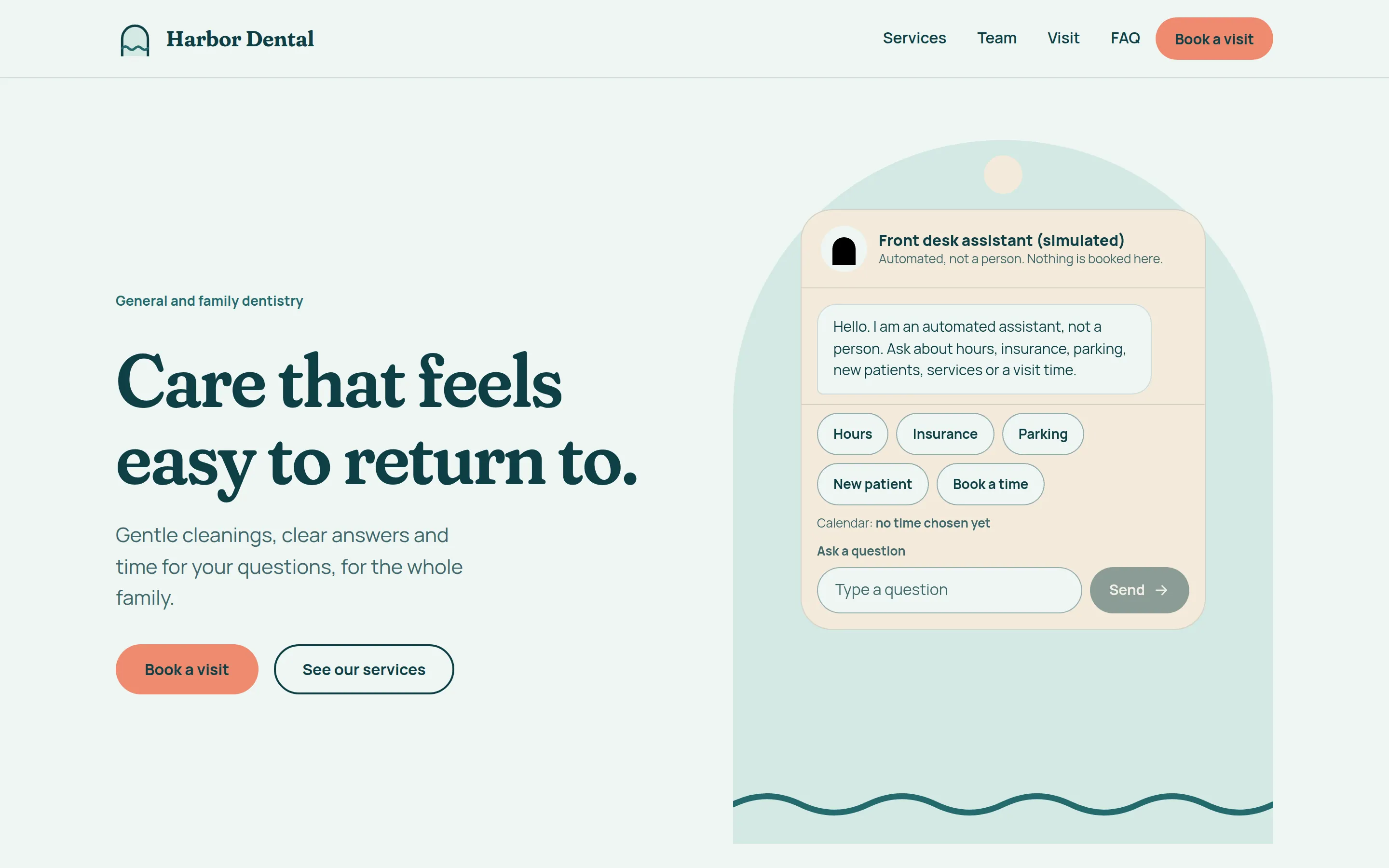 Harbor Dental: the headline "Care that feels easy to return to." beside a simulated front desk chat in a sea-glass arch.