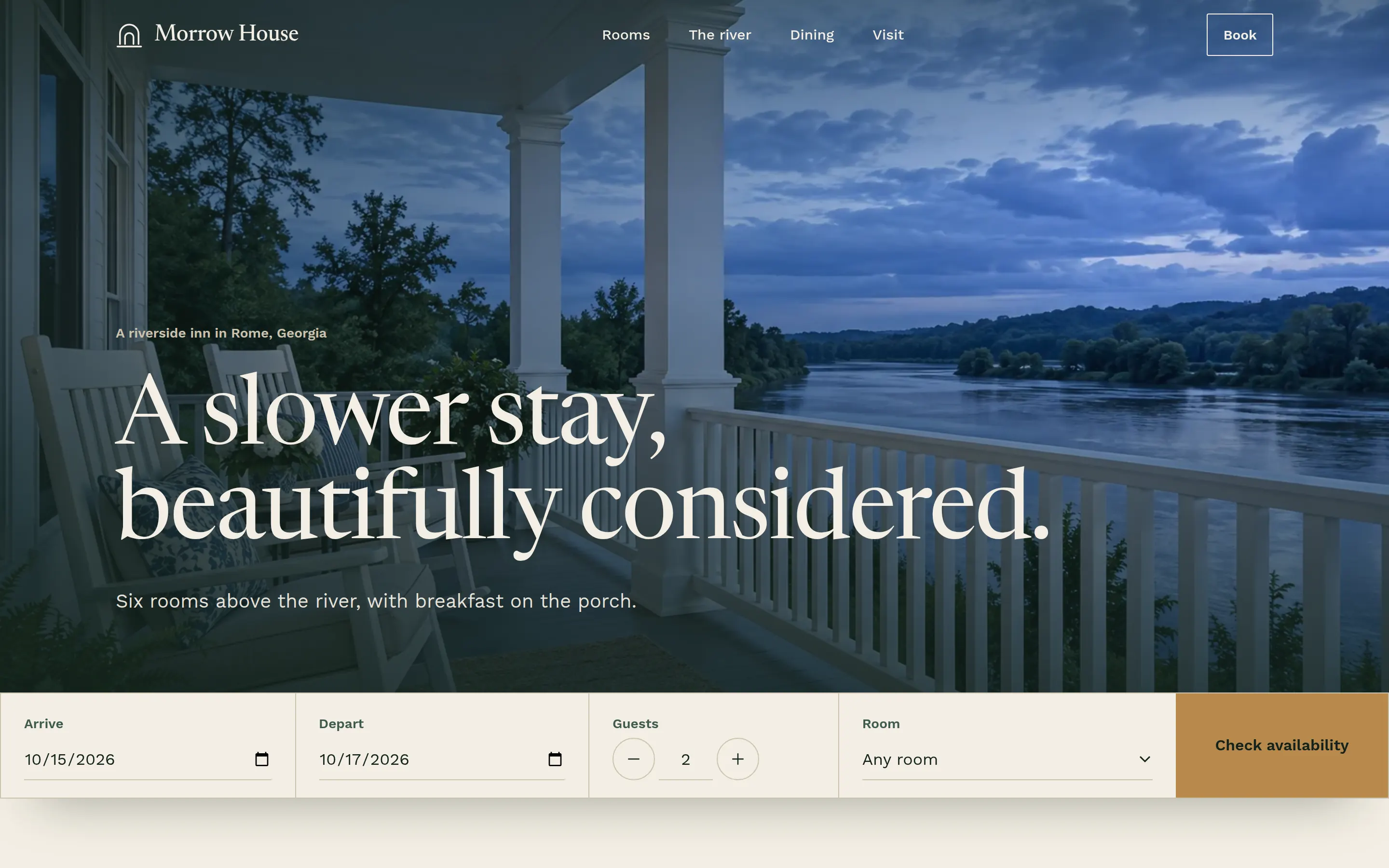 Morrow House inn: a white porch at blue dusk above a river, with a booking bar along the bottom.