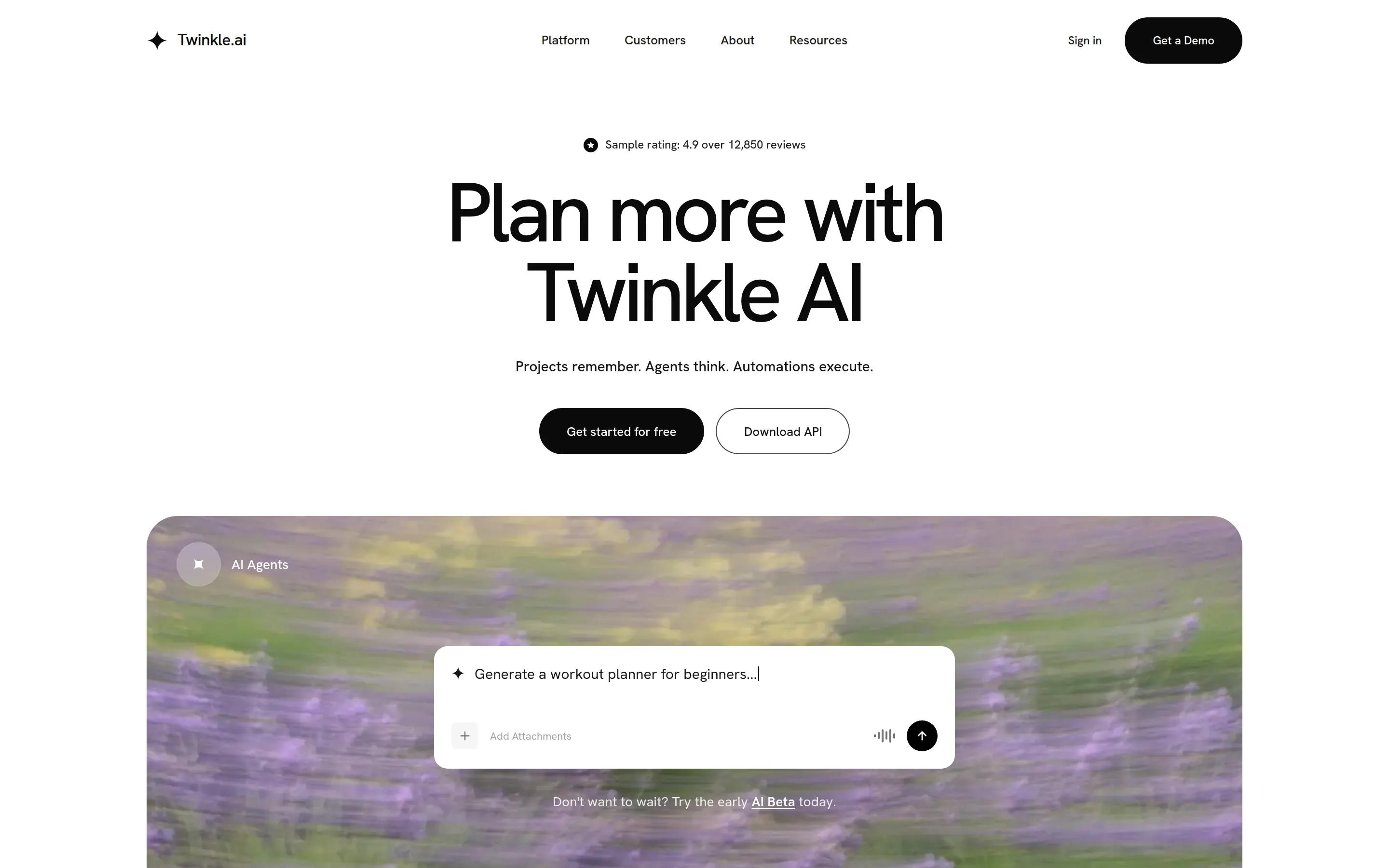 Twinkle.ai landing page: a large headline, two buttons, placeholder logo shapes and a prompt box over a blurred lavender field.