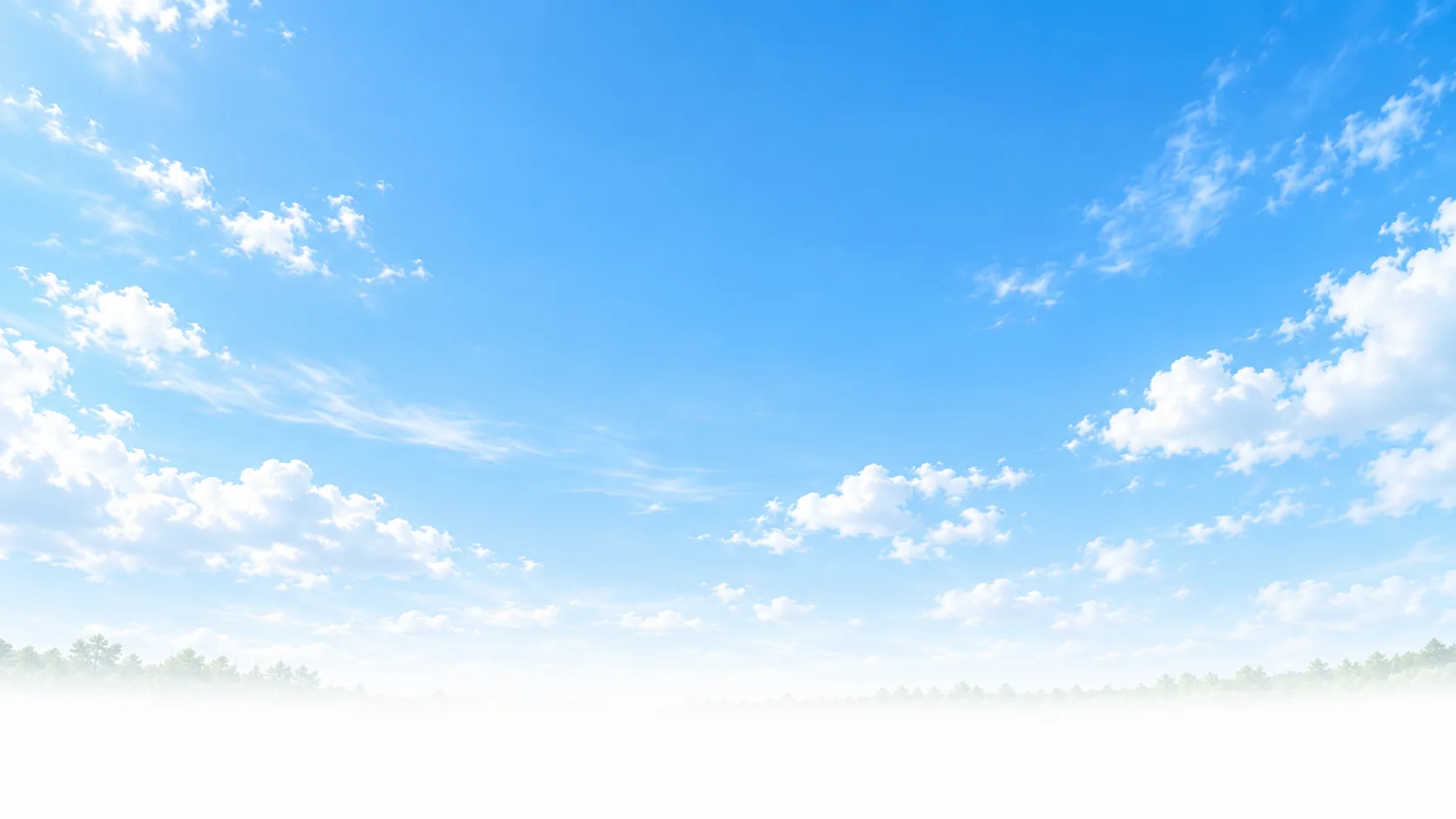 A soft sky-blue morning with small scattered clouds and a faint pale-green treeline at the bottom edge.