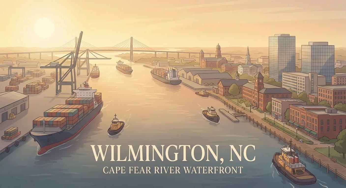 Wilmington waterfront and port backdrop representing logistics workflows, customer routing, and digital resilience